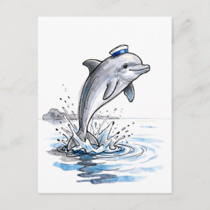 Carte Postale Dauphin joueur bondissant haut dans l'illustration