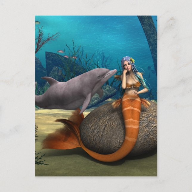 Carte Postale Dauphine sirène rêveuse Art de fantaisie sous-mari (Devant)