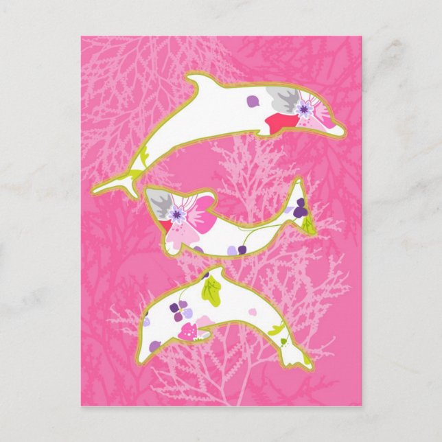 Carte Postale Dauphins sur arrière - plan rose. (Devant)