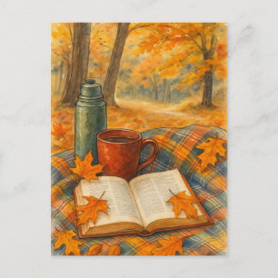 Carte postale d'automne cosy livre et café