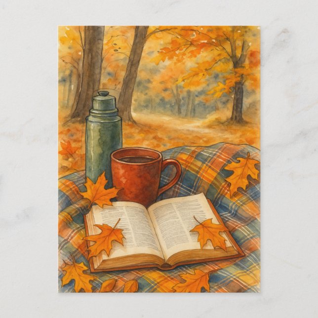 Carte postale d'automne cosy livre et café (Devant)