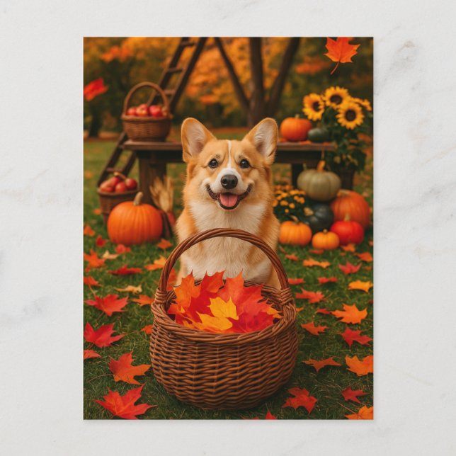 Carte postale d'automne de Corgi heureux (Devant)