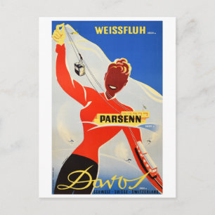 Carte Postale Davos Parsenn, fille montre le téléphérique et le