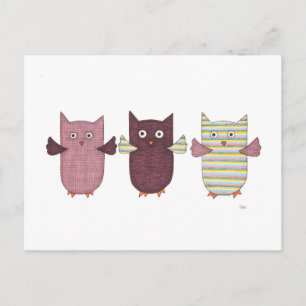 Carte postale de 3 hiboux violets volants