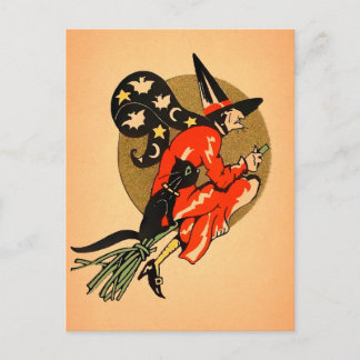 Carte postale de balai de sorcière Halloween rétro