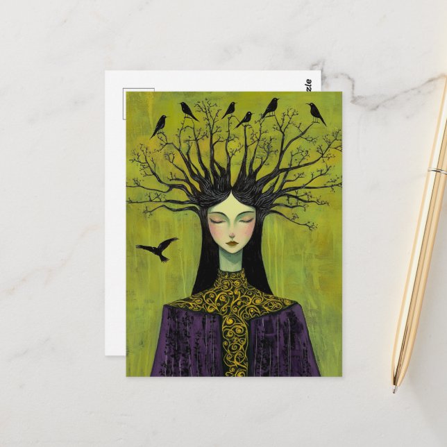 Carte Postale De beaux oiseaux sur sa tête, branches d'arbre che (Devant/Arrière en situation)