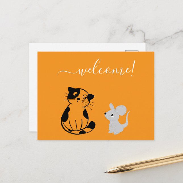 Carte postale de bienvenue orange avec chat et sou (Devant/Arrière en situation)