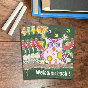 Carte postale de bienvenue professeur hibou vert