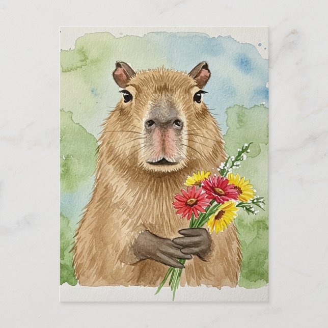 Carte postale de capybara mignon avec des fleurs (Devant)