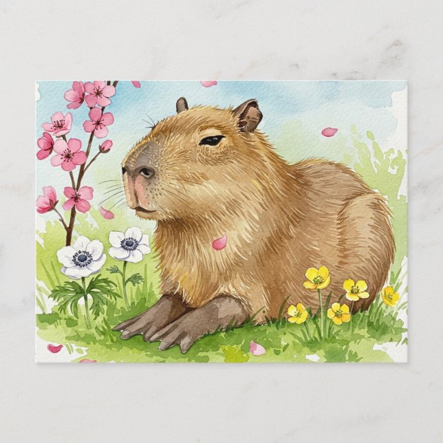 Carte postale de capybara mignon avec des fleurs d (Devant)