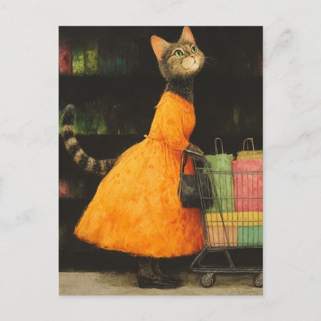 Carte postale de chat adorable faisant du shopping (Devant)