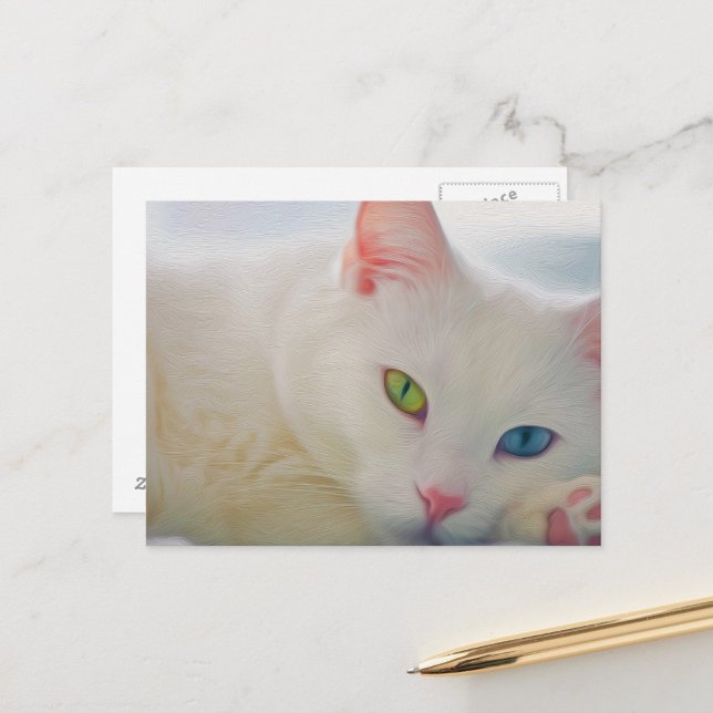 Carte postale de chat blanc mystique (“A whisper of magic in every gaze.”)