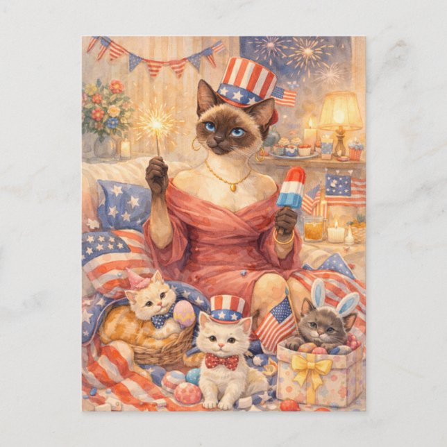 Carte postale de chat diva de piscine du 4 juillet (Devant)