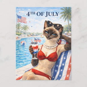 Carte postale de chat diva de piscine du 4 juillet