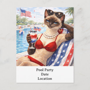 Carte postale de chat diva de piscine du 4 juillet