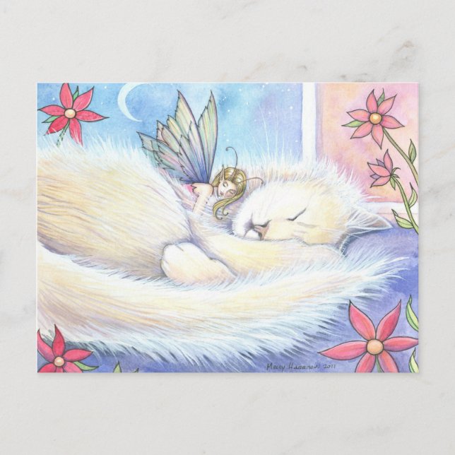 Carte postale de chat mignon endormi et fée (Devant)