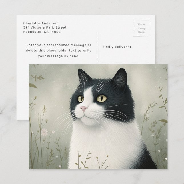 Carte postale de chat noir et blanc (Devant / Derrière)