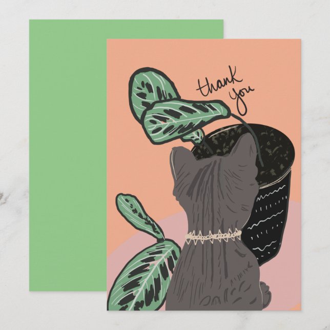 Carte postale de chat regardant des plantes remerc (Devant / Derrière)