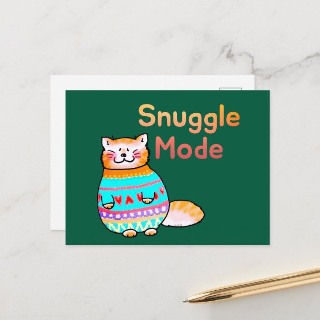 Carte postale de chat roux douillet en mode câlin  (Devant/Arrière en situation)