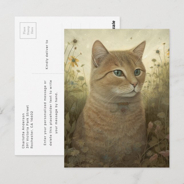Carte postale de chat roux fantaisiste dans un pré (Devant / Derrière)