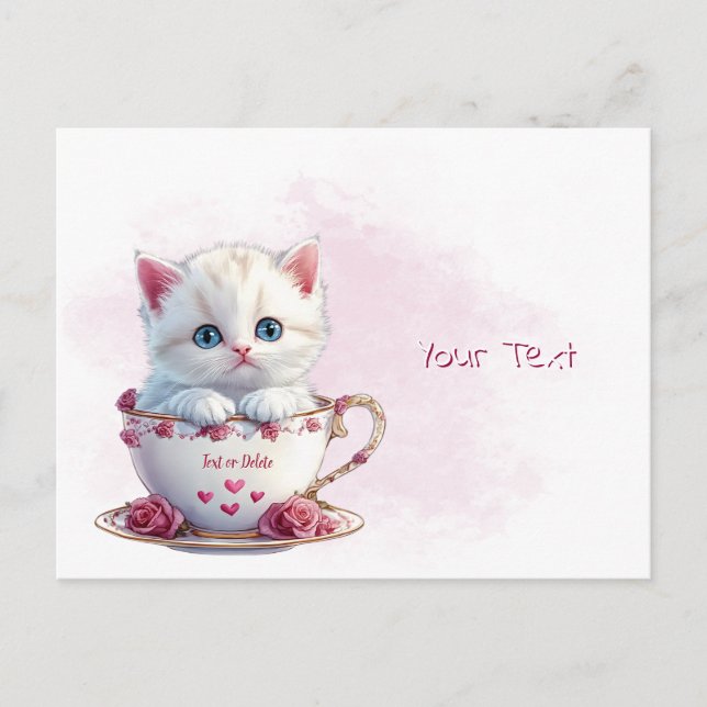 Carte postale de chaton dans une tasse de fleurs r (Devant)