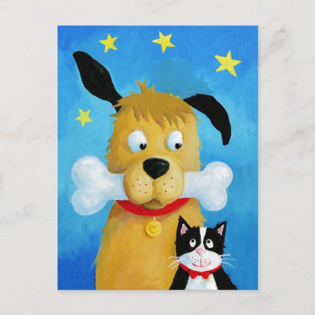 Carte postale de chien avec os et chats (Devant)