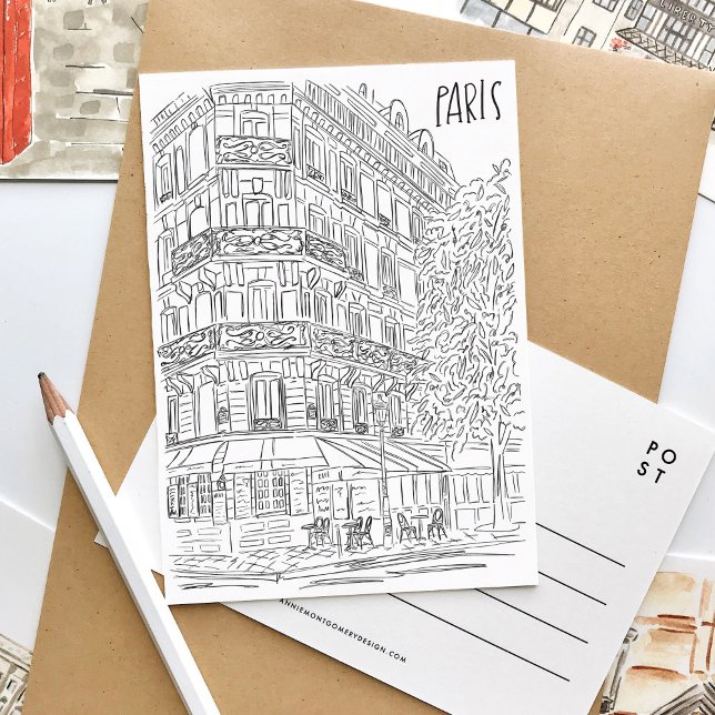 Carte postale de coin parisien noir et blanc (Black and white sketch Paris travel postcard.)