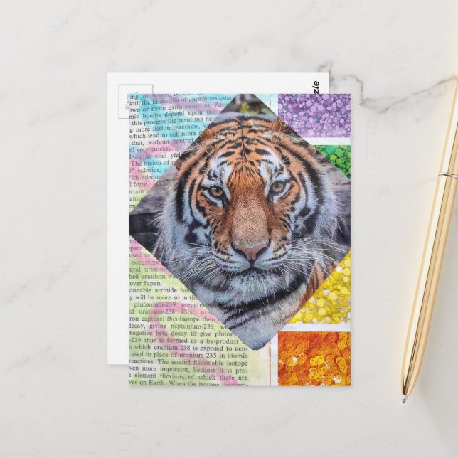 Carte postale de collage de tigre coloré (Devant/Arrière en situation)