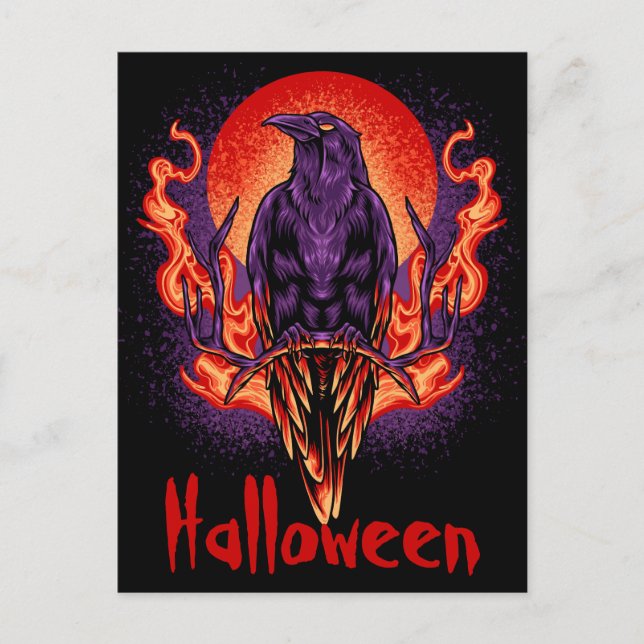 Carte postale de corbeau d'Halloween avec des flam (Devant)