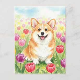 Carte postale de Corgi mignon en Tulips