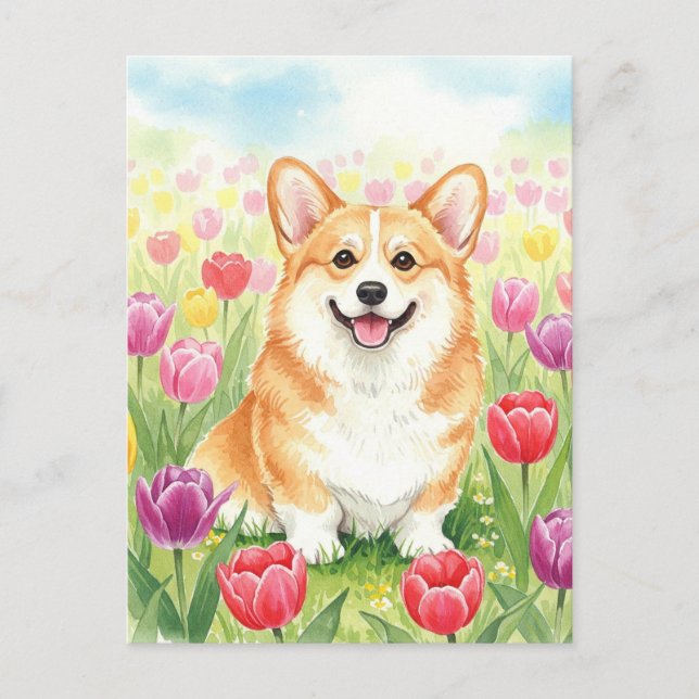 Carte postale de Corgi mignon en Tulips (Devant)