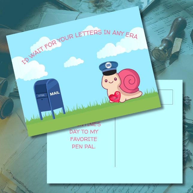 Carte postale de correspondant(e) mignonne pour la (Image of front and back of Snail Mail postcard for pen pals.)