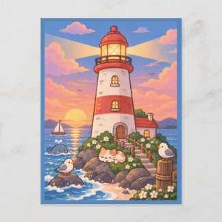 Carte postale de coucher de soleil au phare côtier