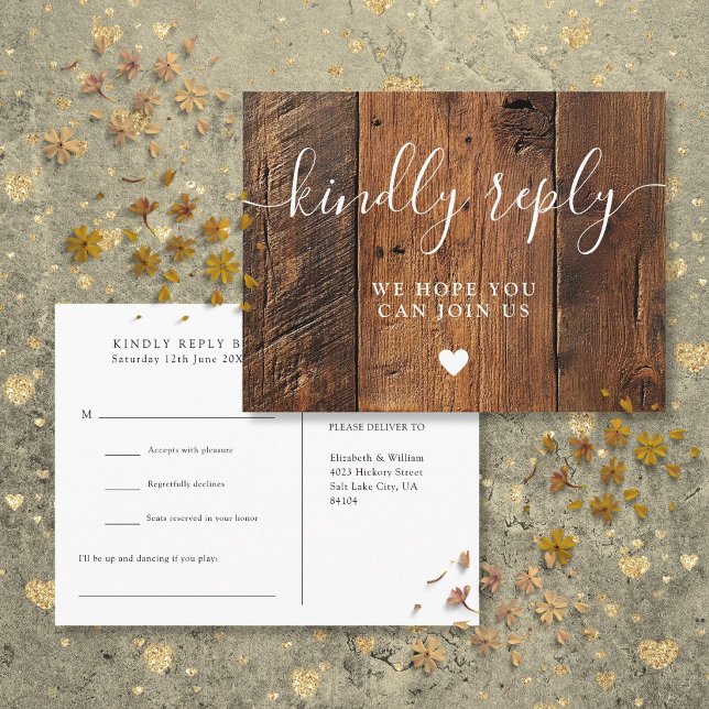 Carte postale de demande de chanson boho de grange (Rustic Wood Barn Boho Song Request RSVP Postcard)