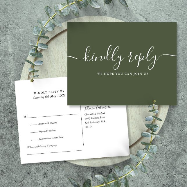 Carte postale de demande de chanson en vert olive  (Chic Olive Green Song Request RSVP Postcard)