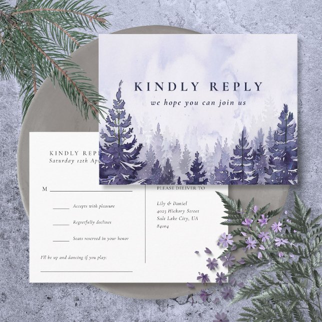Carte postale de demande de chanson RSVP Forêt de  (Purple Pine Forest Song Request RSVP Postcard)