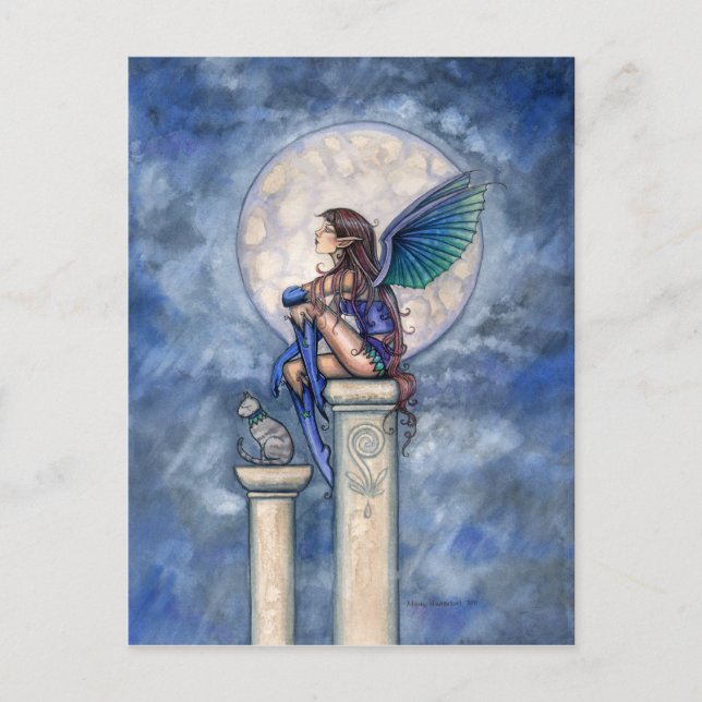 Carte postale de fée de la lune indigo et chat (Devant)