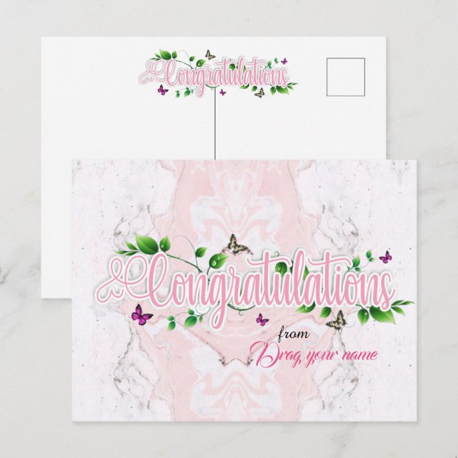 Carte postale de félicitations florale rose (Devant / Derrière)