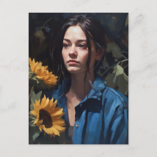 Carte postale de femme aux tournesols