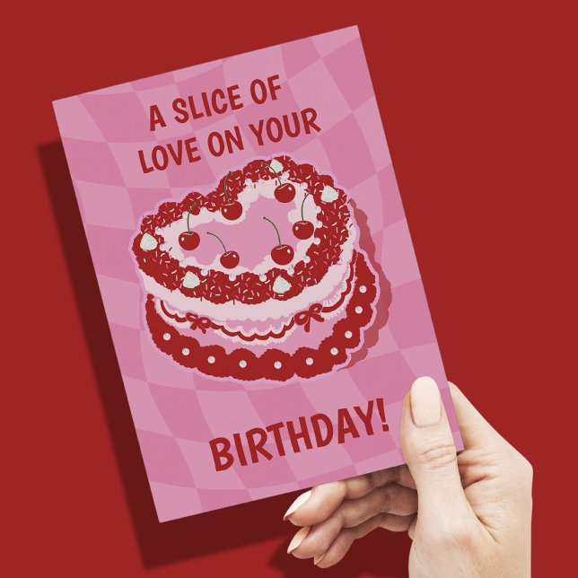 Carte postale de gâteau d'anniversaire cœur aux ce (Happy Birthday Cake Postcard Heart Cherries)