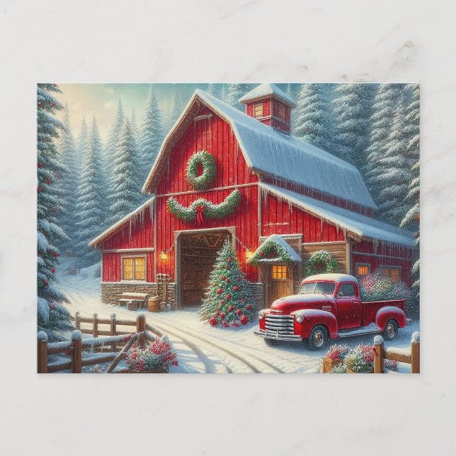 Carte postale de grange rouge pour Noël avec camio (Devant)