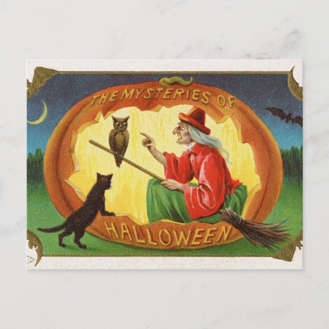 Carte postale de hibou-sorcière vintage Halloween (Devant)