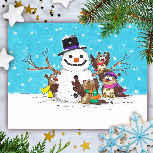 Carte postale de hiboux bonhomme de neige
