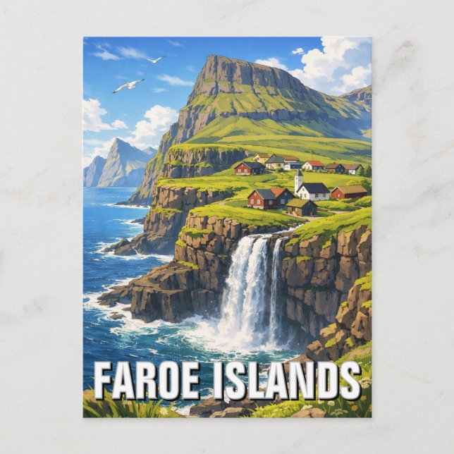 Carte postale de la cascade des îles Féroé (Devant)