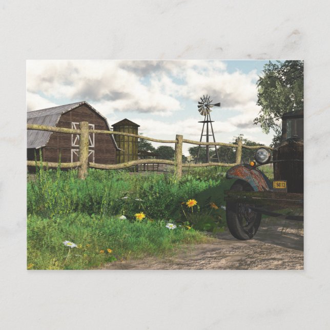 Carte postale de la grange rouge et du vieux camio (Devant)