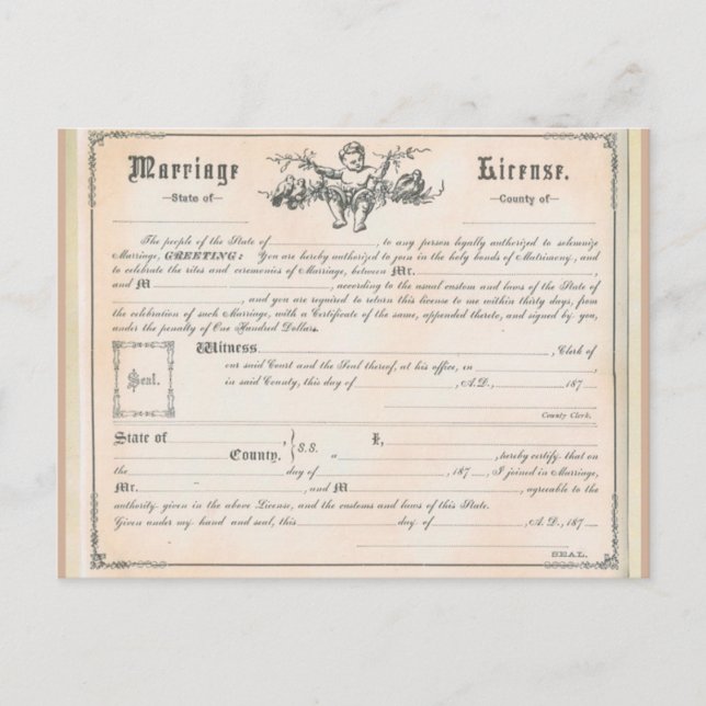 Carte postale de la licence de mariage vintage (Devant)