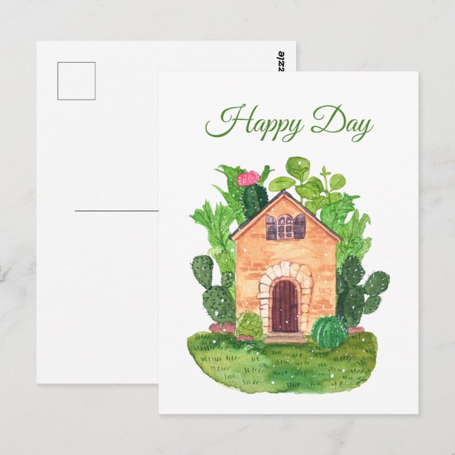 Carte postale de la maison de cactus à l'aquarelle (Devant / Derrière)