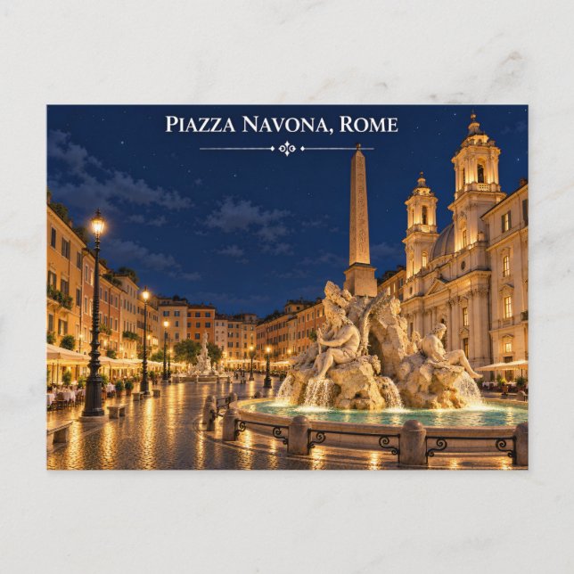 Carte postale de la Piazza Navona de nuit (Devant)
