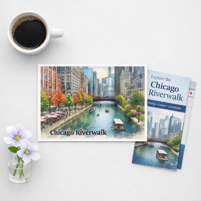 Carte postale de la rivière de la ville de Chicago (Chicago Riverwalk postcard urban charm, autumn color, and skyline magic in every detail)