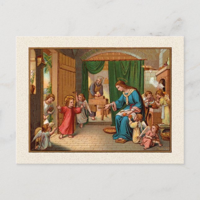 Carte postale de la Sainte Famille en cuisine (Devant)